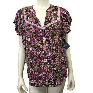 DEMOCRACY $78 BUTTERFLY SLEEVE FLORAL PRINT V NECK TOP LG NWT